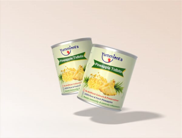“Yummients canned pineapple tidbits in 800g tin – juicy, bite-sized pineapple pieces in sugar syrup, perfect for desserts and salads”