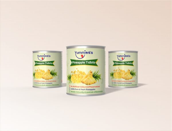 “Yummients canned pineapple tidbits in 800g tin – juicy, bite-sized pineapple pieces in sugar syrup, perfect for desserts and salads”