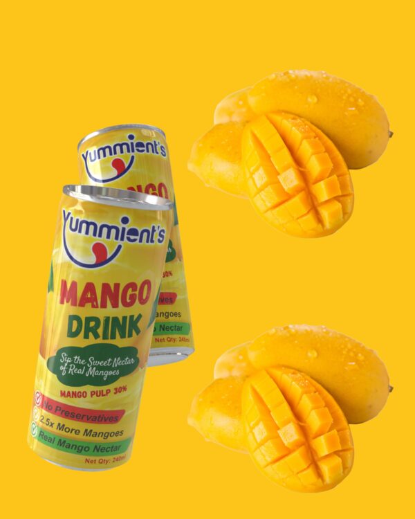 Yummients pure mango juice with 30% pulp in 240ml can – no preservatives, kid-friendly"
